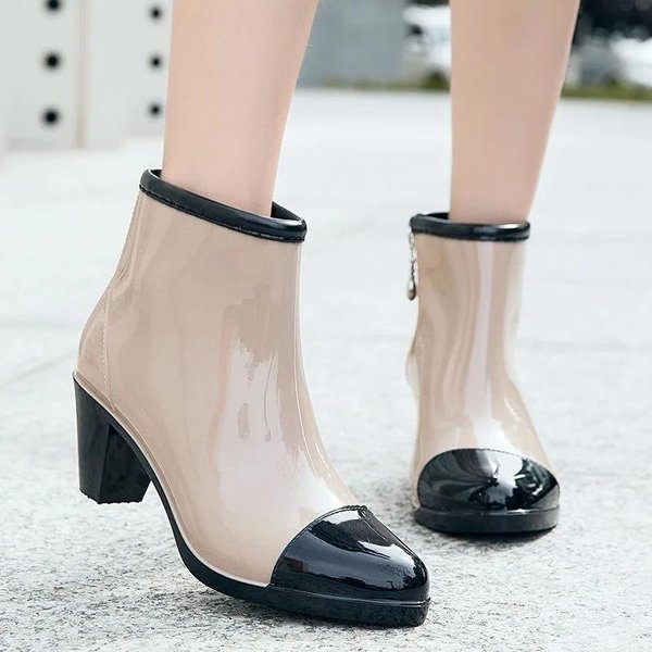 Botas De Lluvia DiseñAdor De Lujo Mujer Tacones Gruesos Zapatos De Goma Impermeables Pvc JardíN Trabajo Galochas BotíN Tobillero Zapatos De Lluvia Calzado2025 39 Beige-image