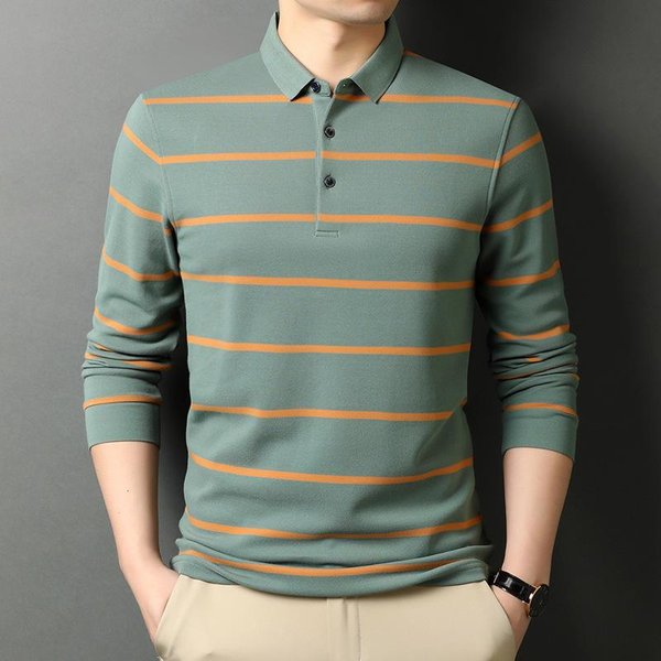 Primavera Nuevo AlgodóN Hombre Manga Larga Cuello Polo Rayas Camiseta Moderna Casual Moda Hombre Camiseta Xxxl Gray-image