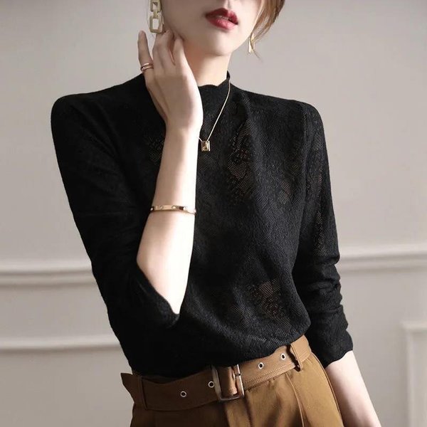 SuéTer De Punto Base De Encaje De Cuello Medio Alto Para Estilo Interior Y Temperamento De Mujer Top De SuéTer 2XL Negro-image
