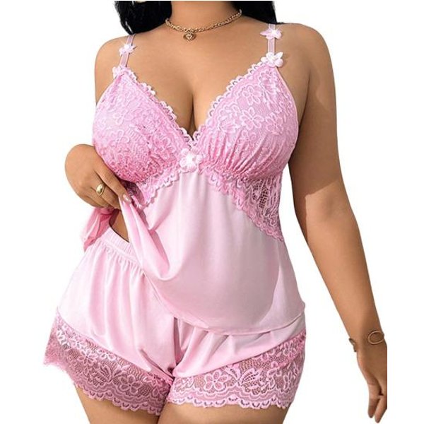 Damski Zestaw PiżAmowy Plus Size Seksowny Top Na RamiąCzkach Bez RęKawóW Z Koronkowym WykońCzeniem I Szorty Zestaw Nocny DwuczęśCiowy Koszulka Na RamiąCzkach Ubranie Domowe PiżAmy Zestaw L Pink-image