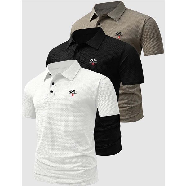 MęSki 3-Pak Koszulek Polo Z Dzianiny Waflowej Z Nadrukiem GóRskim, Casualowe Topy Z KróTkim RęKawem, MięKkie, Elastyczne, Do Codziennego Noszenia XXL Gray-image