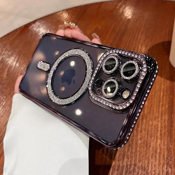 Modne KryształOwe Diamentowe Magnetyczne Przezroczyste Etui Na Iphone 16 15 14 13 12 11 Pro Max 16 Plus Magsafe Bezprzewodowe ŁAdowanie Silikonowa Pokrowiec For Iphone 14 Plus Black-image