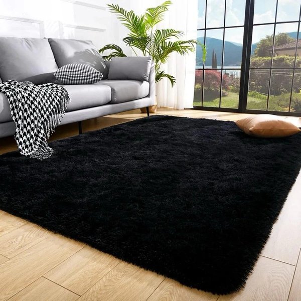 Czarny Puszysty DłUgowłOsy Dywan Ultra MięKki Pluszowy AntypośLizgowy Zmywalny Dywan Do Sypialni, Salonu, Przytulnej Dekoracji Domu 80X120CM(2.6X3.9FT-image