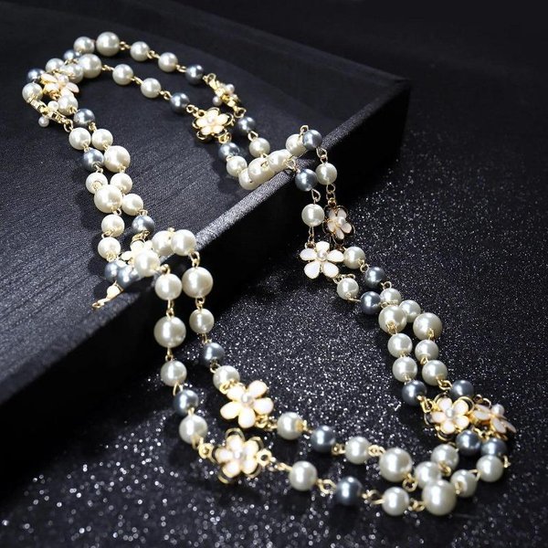Vintage Lady Camellia PerłY Kwiat DłUgi Naszyjnik ŁAńCuch Eleganckie PodwóJne Warstwy BiżUteria Dla Kobiet Party Collares De Moda Gray-image