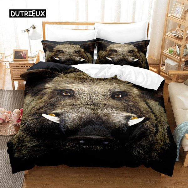 Dziki Dzik 3D Komplet PośCieli Rozmiar Queen Poszewka Na KołDrę Nadruk Cyfrowy Modny WzóR PośCiel MięKka Wygodna EU Single(135X200Cm) Gray-image
