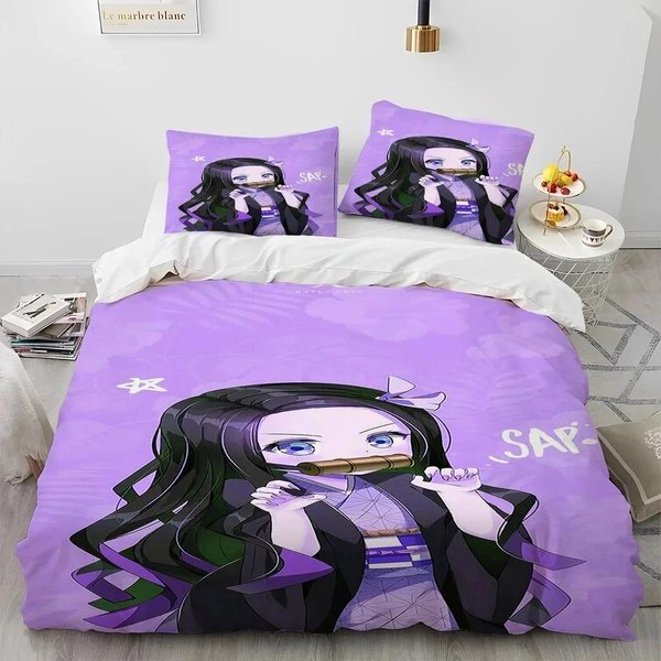 Juego De Cama Demon Slayer Kamado Nezuko Funda NóRdica Paquete Colcha Funda De Almohada DimensióN King DimensióN Queen TamañO Completo Individual TamañO Ropa De Cama NiñOs EU Single 135X200Cm Purple-image