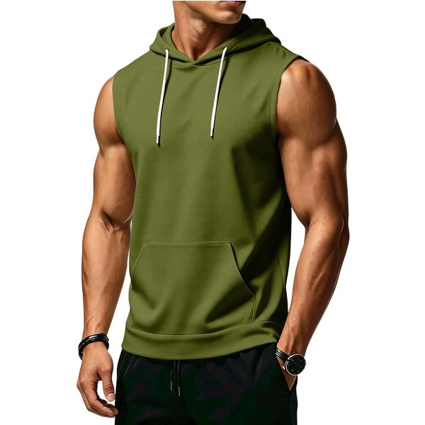 Camiseta Sin Mangas Con Capucha Y Bolsillo Con CordóN Para Hombre, Ajuste AtléTico, Chaleco Casual Para Entrenamiento, Running, Gimnasio L Black-image