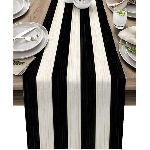 Caminos De Mesa De Lino Con Textura De Madera Rayada Blanco Y Negro DecoracióN Para Fiestas NavideñAs Caminos De Mesa Para Comedor Estilo Granja DecoracióN Para Fiestas NavideñAs 150X33Cm White-image