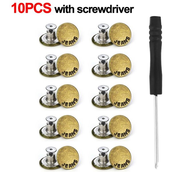 10 Uds. Botones MetáLicos Para Vaqueros, Kit De ReparacióN De Botones Sin Tornillo De Repuesto De 17Mm, Hebillas Para Vaqueros ExtraíBles Sin Clavos, Alfileres Para Pantalones Y Ropa A With Screwdriver-image