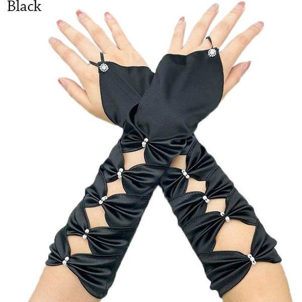 Guantes De Boda Largos EláSticos SatéN Plisados Lazo Codo Verde Azulado Guantes Sin Dedos Fiesta De Noche Baile De GraduacióN Negro-image