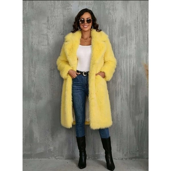 Abrigo De Piel Y Piel SintéTica Solapa ImitacióN De Abrigo De Piel De Zorro Invierno Mujer Abrigo De Piel Moda Temperamento CáLido Mujer Abrigo De Piel H217 S Yellow-image