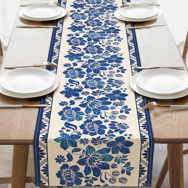 Plantas Florales Azules Vintage Camino De Mesa De Lino DecoracióN De Fiesta Reutilizable Camino De Mesa Para Cocina De Granja Mesa De Comedor Decoraciones De Boda 150X33Cm-image