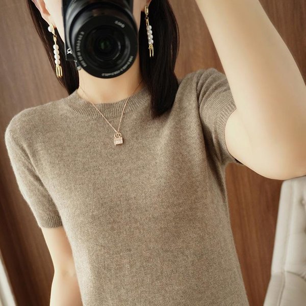 Nowy T-Shirt Z KróTkim RęKawem Z OkrąGłYm Dekoltem, LuźNy, Wszechstronny, Cienki, Dzianinowy Top XXL Beige-image