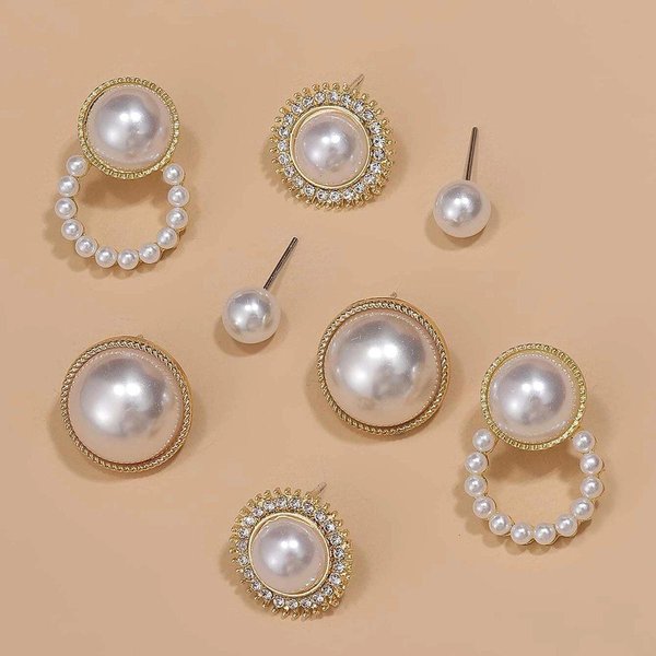 Tendencia De Moda Serie Perla Juego De Pendientes De 4 Piezas Pendientes De Tuerca Colgantes De Metal Perla Flor Gray-image