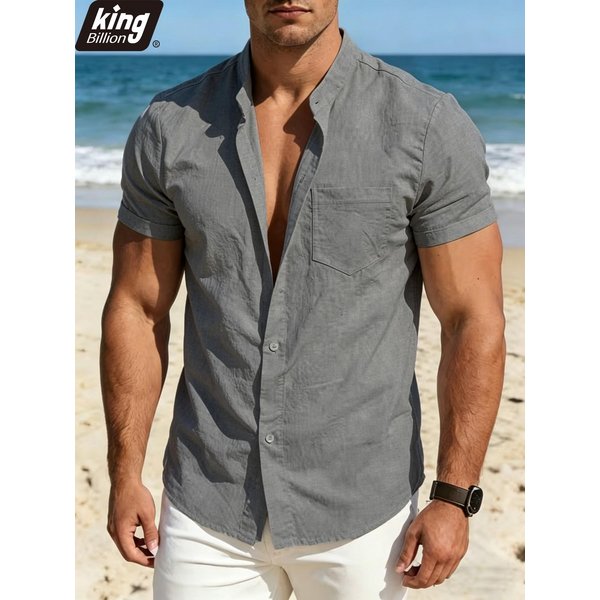 Camisa De Lino Mezclado Con Cuello MandaríN Para Hombre - Manga Corta Con Botones Y Bolsillo En El Pecho, Top Casual Para Vacaciones De Verano En La Playa S Gris-image