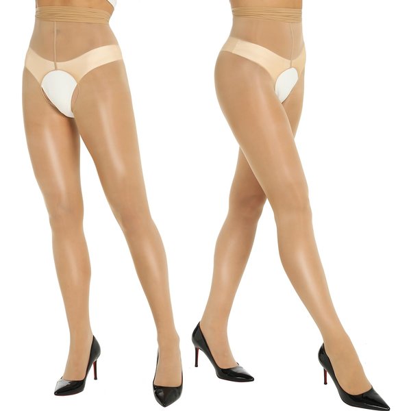 Kave 2 Pares Medias Negras Sexy Brillantes Con Abertura En La Entrepierna Para Mujer Medias Ultra Aceitosas Brillantes De Cintura Alta Medias Brillantes M-L 70-120Kg Beige-image
