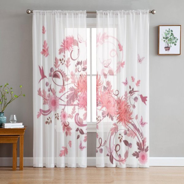 Cortinas Transparentes De Tul Con Remolino De Flores Rosas Para Sala De Estar El Dormitorio Cortinas Decorativas Modernas De Gasa Voile Organza 135W X 114H(Cm) White-image