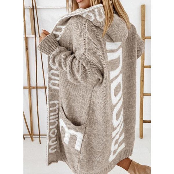 Sweter Z Dzianiny, Jesienno-Zimowy, śRedniej DłUgośCi Kardigan, Z Kapturem I Literami, Damski Sweter Z Dzianiny M Beige-image