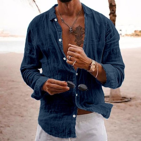 Nueva Camisa De Manga Larga Para Hombre De Mezcla De AlgodóN Y Lino Camisa De Color Liso Con Solapa Estilo Casual M Azul Marino-image
