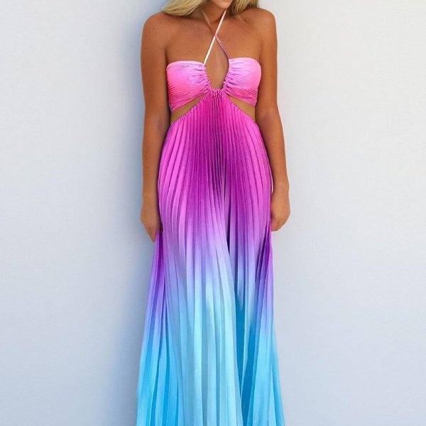 Ropa De Primavera Nueva Para Mujer, Falda Larga Sexy Con Color Degradado, Elegante Vestido Halter Con Cuello Hueco 2XL-image
