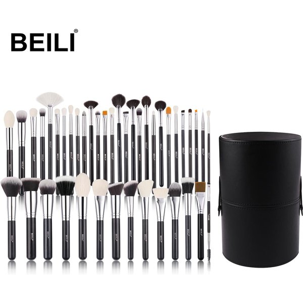 Beili Zestaw Czarnych PęDzli Do MakijażU Profesjonalne PęDzle Z Naturalnego Koziego WłOsia Fundacja Powder Contour Eye Blending PęDzle Do MakijażU Z Uchwytem 42PCS+HOLDER-image
