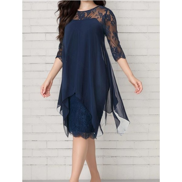 Vestidos Casuales Bitced De Moda Para Mujer, De Verano Y Primavera, Con Estampado De Colores SóLidos, Mangas 2/1 Y Cuello Redondo XL Azul-image