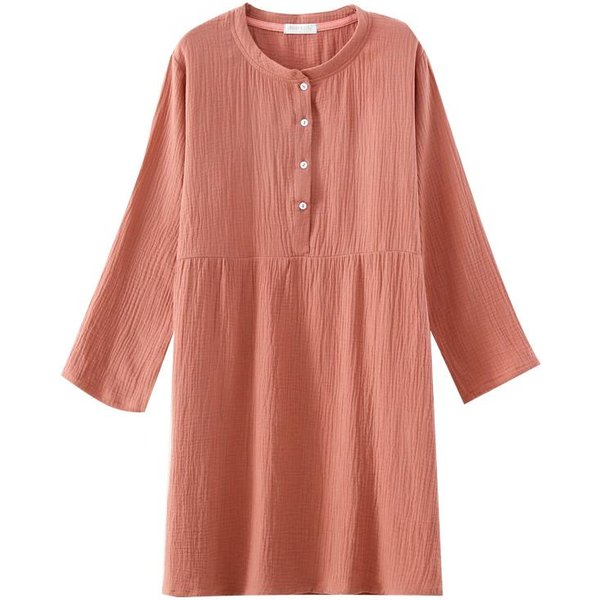 CamisóN De Manga Larga Para Mujer De Primavera Y OtoñO 100% AlgodóN Crepé Cuello Redondo Botones Color SóLido Vestido Para Casa CamisóN Vestido XL Brown-image