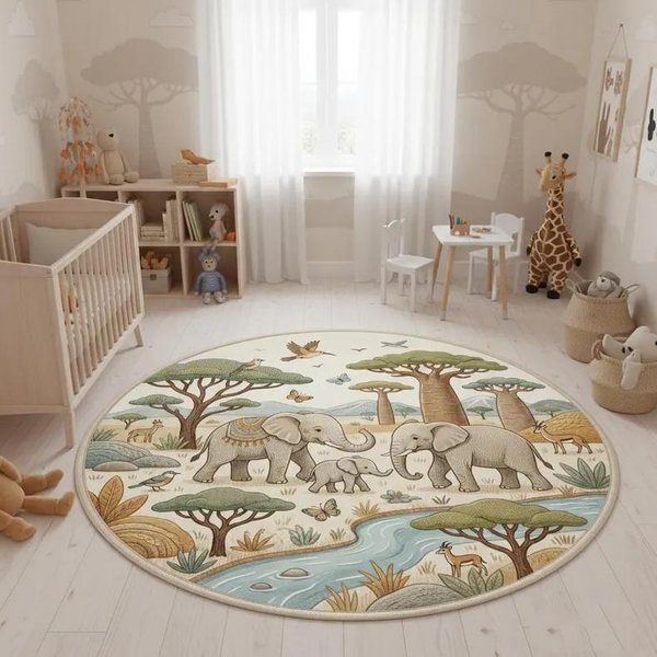 Uroczy Lew SłOń LeśNe ZwierzęTa Safari Mata Do Pokoju DziecięCego OkrąGłY Dywanik AntypośLizgowy Dywanik PodłOgowy Dekoracja Domu Dywany Diameter 100Cm-image