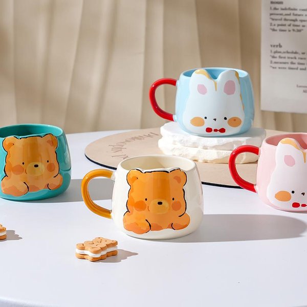 Taza De CeráMica De Dibujos Animados Lindo Oso Con Animales Taza De Parque Taza De Agua De Aspecto Alto Para NiñAs Taza De Pareja 450ML-image