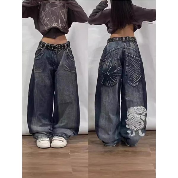 Pantalones Vaqueros Holgados Estilo Hip Hop Estilo Retro Americano Y2K Para Mujer, Pantalones De Pierna Ancha Y Cintura Alta Estilo Harajuku, Pantalones Anchos GóTicos, Pantalones De Calle L-image