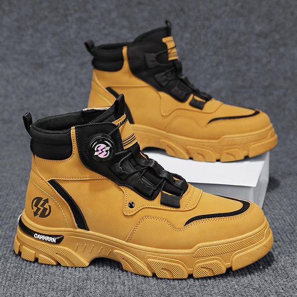 Nowe Jesienne I Zimowe SkóRzane Buty Martin Typu High-Top Modne Pokrowce Na Stopy Z Obrotowym Guzikiem MęSkie Buty Outdoorowe Sportowe ŻółTe Buty MęSkie 45 Black-image