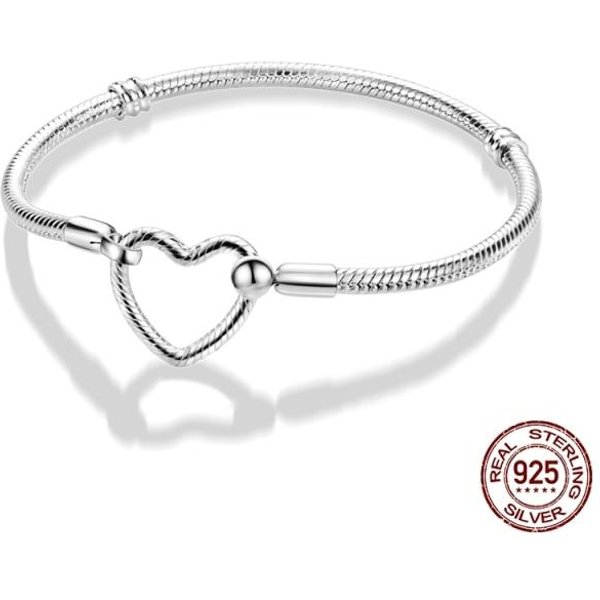 Pulsera De Plata De Ley 925 AutéNtica Con Cadena De Serpiente Y Dijes, Compatible Con Dijes De Marcas Europeas, JoyeríA Artesanal, Regalo 18Cm White-image