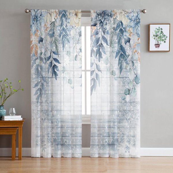 Navidad áRbol De Navidad Campanas Pueblo Nevando Tul Transparente Ventana Cortinas Para Sala De Estar Dormitorio DecoracióN Cortinas De Gasa W50H130(Cm)X2Pcs&Grommet Top-image
