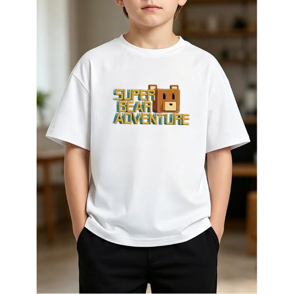 ChłOpięCy T-Shirt Z Nadrukiem Pixel Super Bear Adventure, OkrąGłY Dekolt, KróTki RęKaw, Casualowy Top Na Urodziny 150-image