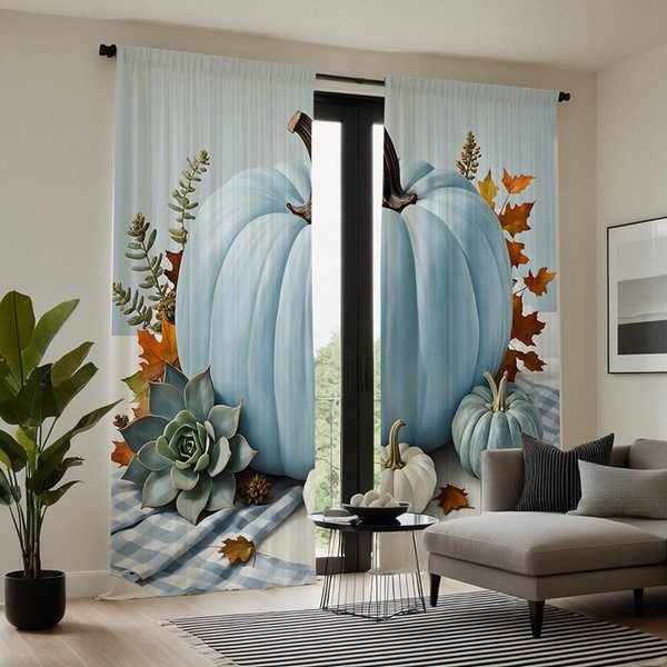 2 Piezas HD Azul Calabaza OtoñO Cortina Decorativa Azul Corbata Cortina Impresa Digitalmente Estilo De DecoracióN Del Hogar Decorar Sala De Estar W52H63Inchw132H160Cm-image