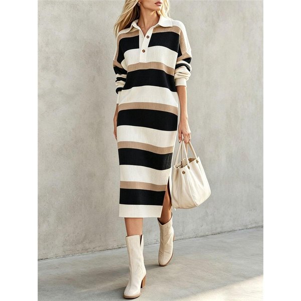 Vestido De Punto Midi A Rayas Para Mujer Cuello De Solapa Media Botonadura Manga Larga Abertura Lateral Holgado Casual Vestido SuéTer XXL-image