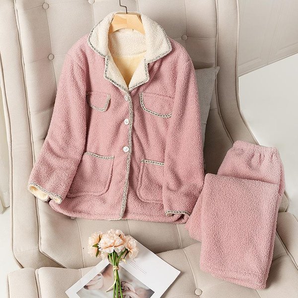 Conjunto De Pijama De Coral Fleece OtoñO Invierno Para Mujer Cuello Polo Manga Larga Pantalones Ropa De Casa Holgado Casual Ropa De Dormir Franela Ropa De Noche M Color Rosa-image