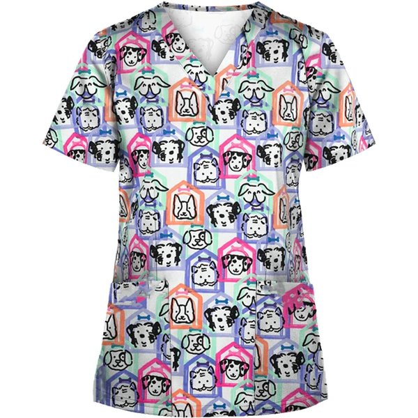 Uniformes QuirúRgicos Mujer Scrub Cuello En V Manga Corta Tops Uniformes MéDicos Para Mujer Uniformes ClíNicos Para Veterinarios Lindo Estampado De Dibujos Animados De Cachorro 6XL-image