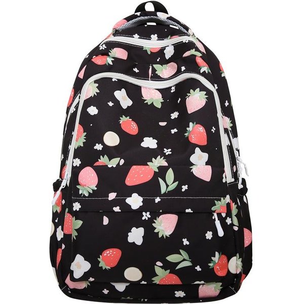 Mochila Escolar De Fresa Mochila De Viaje Y Ocio Para Mujer, Mochila Impresa De Gran Capacidad Para Estudiantes De Bachillerato, Secundaria Y Universidad Negro-image