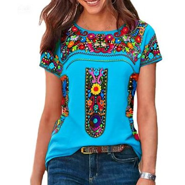 Camiseta Bordada Mexicana Para Mujer, Blusa De Manga Corta Con Bordado Floral Tradicional, Tops Casuales De Verano Boho ÉTnico XS Black-image