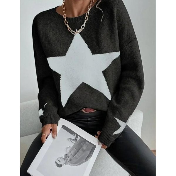 SuéTer De Punto Para Mujer, Jersey Informal Holgado Con Cuello Redondo Y Estrella Gruesa, Jersey Para Mujer, SuéTer Elegante A La Moda Para Invierno Y OtoñO M Negro-image