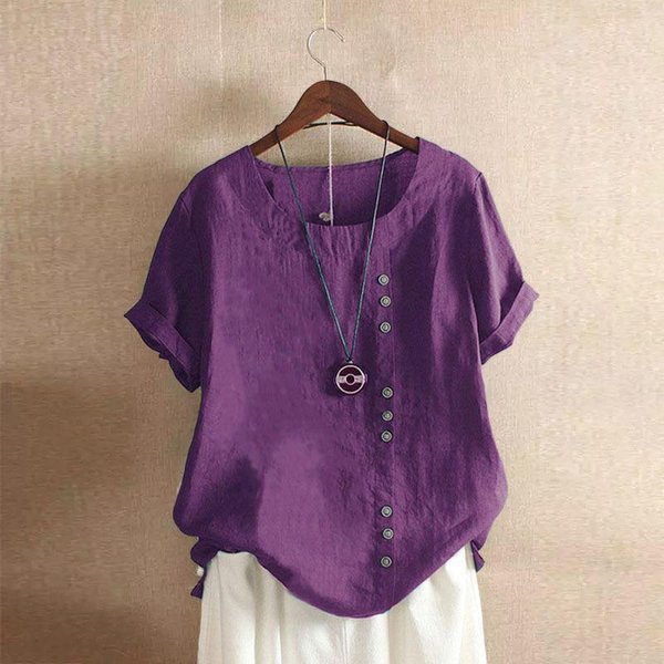 Camisa Casual De Mujer De Manga Corta De Botones Sencillos De AlgodóN Y Lino Camisa De Manga Corta Con Cuello Redondo Y Dobladillo Dividido XL Blue-image