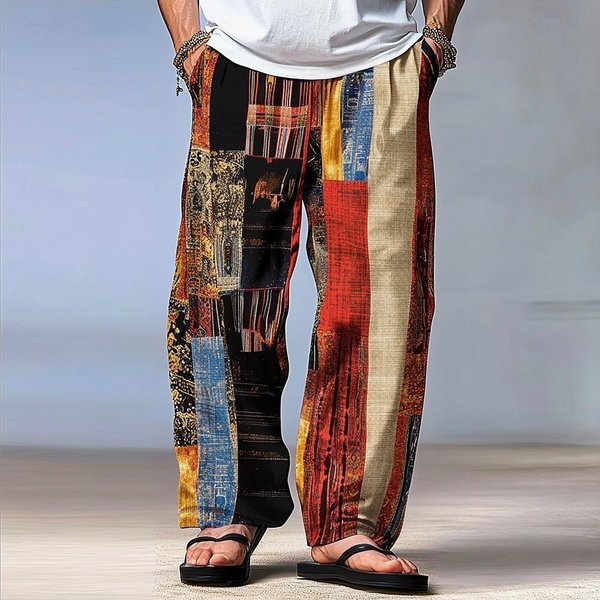 Pantalones De Hombre Con Bloques De Color Y Patchwork Cintura Media CordóN Cintura EláStica Hawaianos Casuales Exteriores Pierna Recta L-image