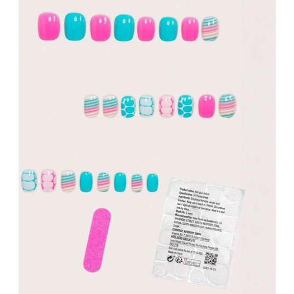 24 Piezas UñAs Postizas Falsas Francesas Cuadradas Cortas Elegantes Verdes, Rosas, Rayadas, VersáTiles Adecuadas Para Uso Diario De Mujeres Y NiñAs, UñAs De Presionar Desmontables Pink-image