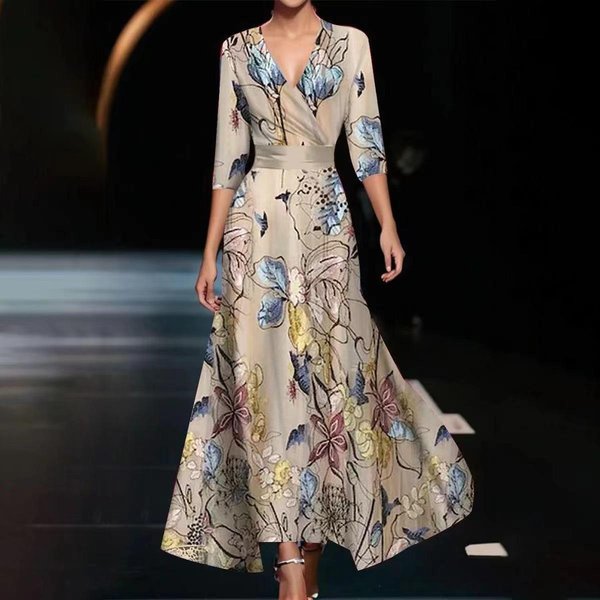 Vestidos Casuales De Moda De Verano Y Primavera Para Mujer Gmxia Con Mangas 3/4 Y Cuello En V XXL Beige-image