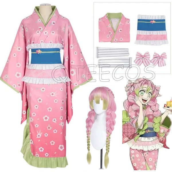 Bilibili Nowy Kostium Cosplay Kanroji Mitsuri RóżOwa Sukienka Kimono Stroje Halloween Karnawał Impreza Damskie Garnitury Peruka M Pink-image