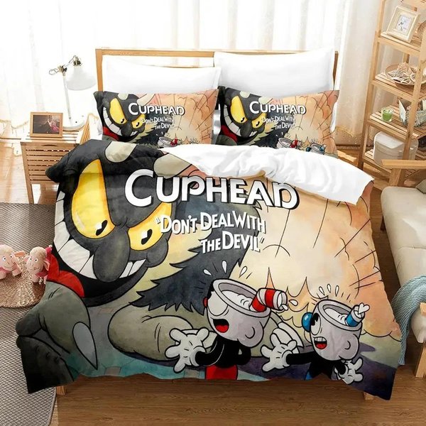 Anime Cuphead Mugman Juego De Cama NiñOs NiñAs TamañO Individual Queen Dimensiones Funda De Cama Funda De Almohada Cama NiñOs Adulto Moda Textil Para El Hogar EU Single 135X200Cm-image