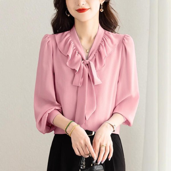 Koszula Z DłUgim RęKawem Z Szyfonu W Stylu Francuskim Z Falbanką, Damska, Wiosenna, Z Nowym Temperamentem, Elegancka, Zagraniczna, W Stylu Koszula 3XL Pink-image
