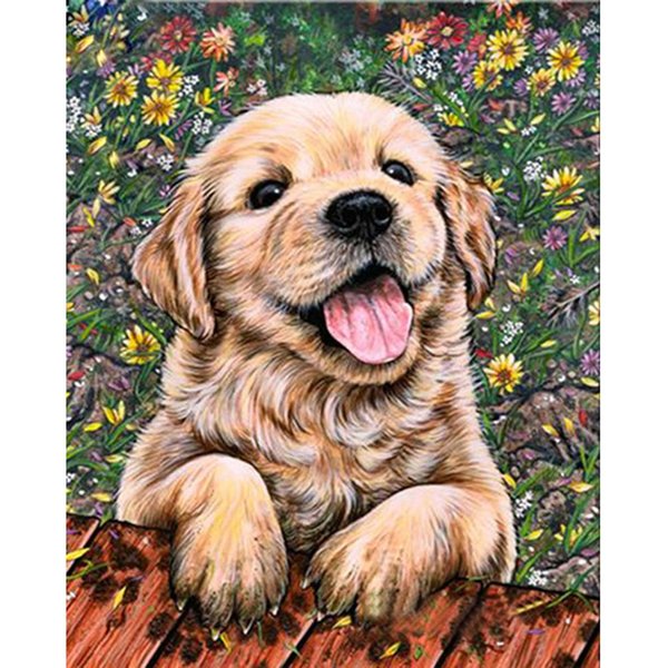 Kit De Punto De Cruz DIY Bordado De Diamantes Perro Feliz Pintura De Diamante Mosaico DecoracióN Del Hogar 20X30CM Beige-image