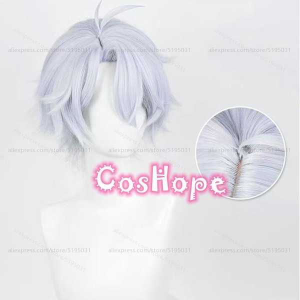 Peluca Cosplay HSR Phainon 30Cm Corta Plateada Azul Claro Peluca Cosplay Anime Peluca Cosplay SintéTica Resistente Al Calor One Size-image